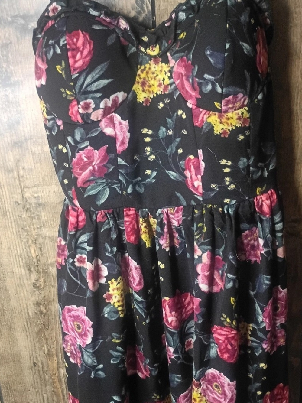 Xhilaration Black Floral Sweetheart Strapless Dress with Pink & Yellow Blooms